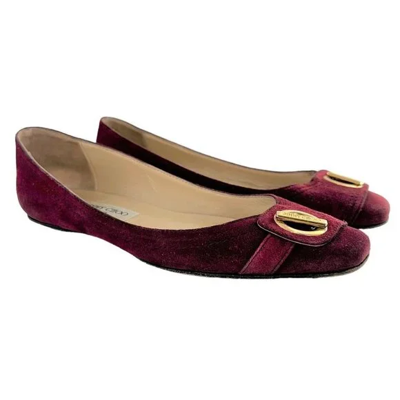 JIMMY CHOO Maroon Red Suede Square Toe Logo Buckle Flats Size 39.5 / US 9.5 - Picture 2 of 9
